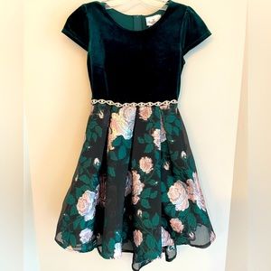 Rare Editions Girls Holiday Party Dress Size 12 Dk Green Velvet/Floral Jacquard